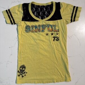 Sinful Yellow Lace Graphic T Shirt Womens Size S Skull Wings V Neck